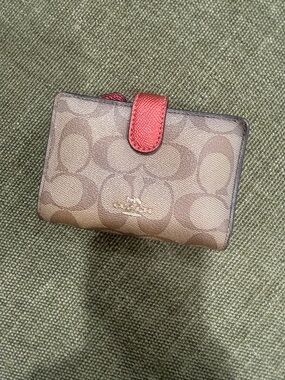 Coach Brown Signature Compact Wallet with Red Snap